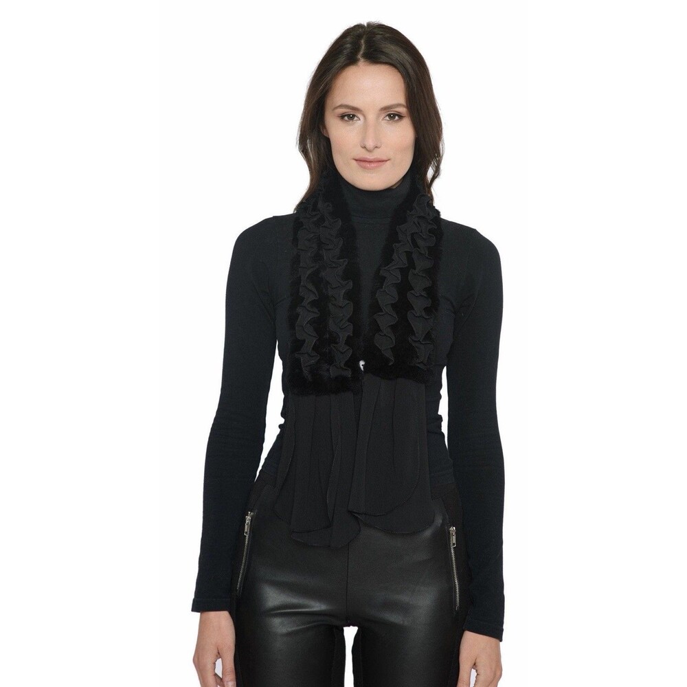 Belle Fare Aldan Rex Rabbit Fur Chiffon Scarf Black Ruffle Luxury KRX19